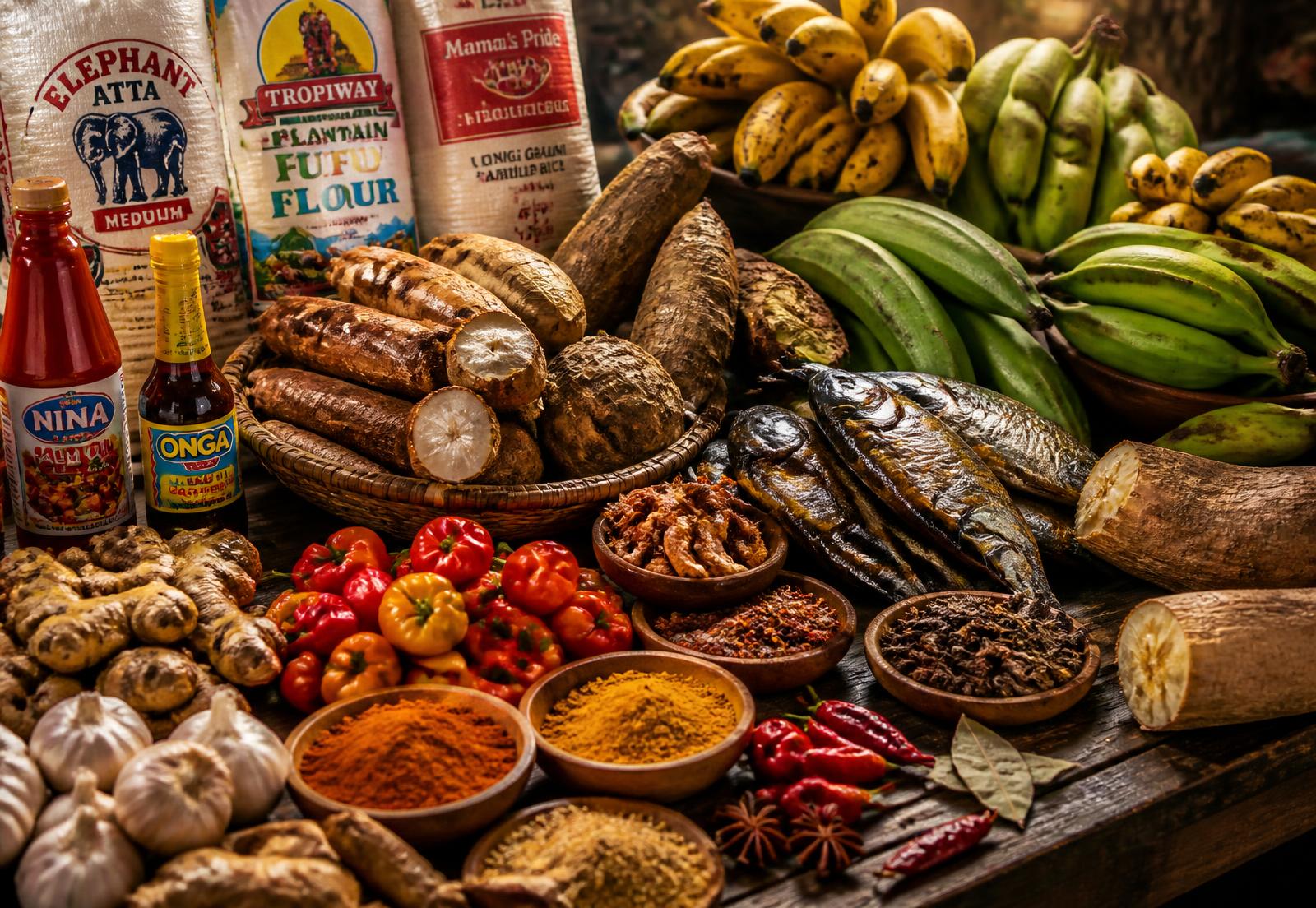 A market table filled with African and Caribbean groceries including plantain, cassava, spices and smoked fish